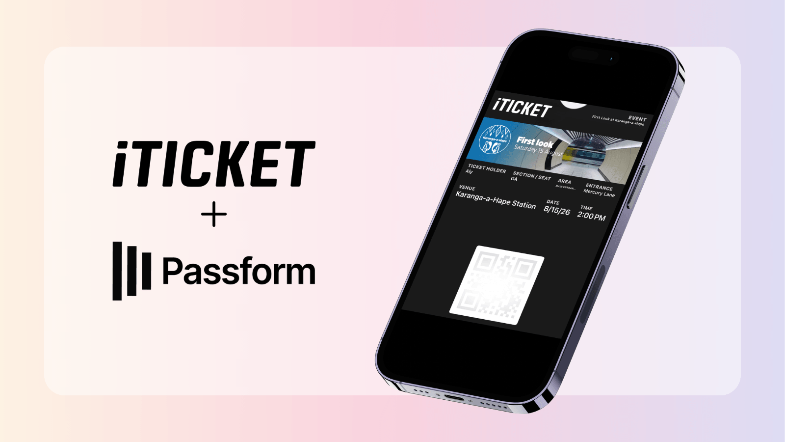 iTICKET and Passform logos beside a phone showing a digital wallet ticket with a QR code, event details, and venue information.