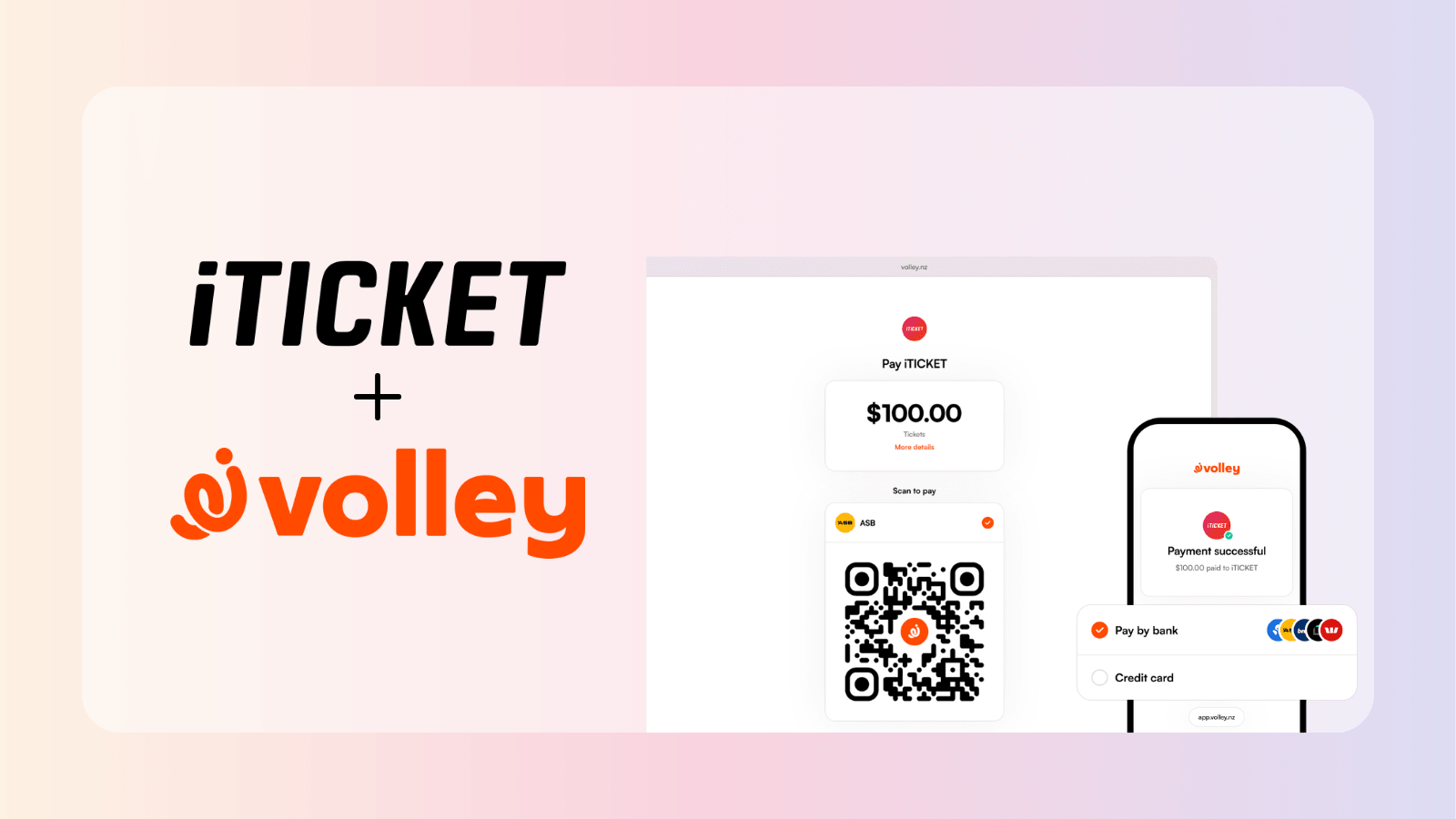 iTICKET and Volley logos beside a checkout screen with a scan-to-pay QR code, and a phone showing a successful pay-by-bank payment.